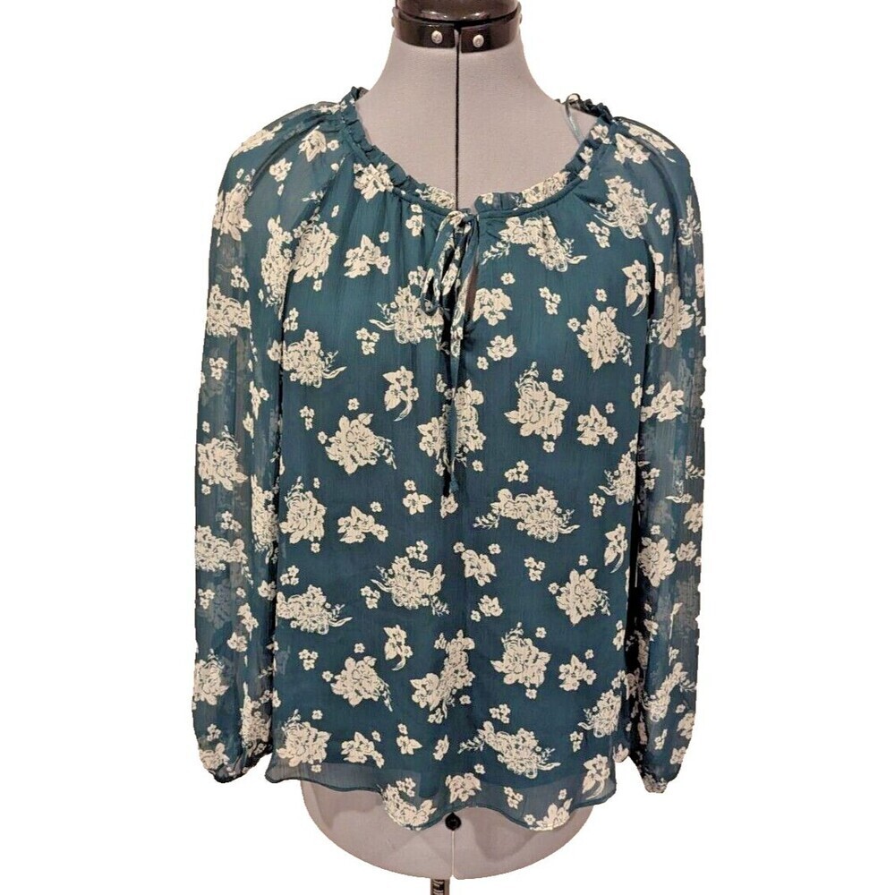 Lauren Conrad NWT Sz xs emerald green tunic top Sheer Balloon Sleeve Cottagecore